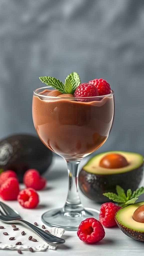A glass of chocolate avocado mousse garnished with raspberries and mint leaves.