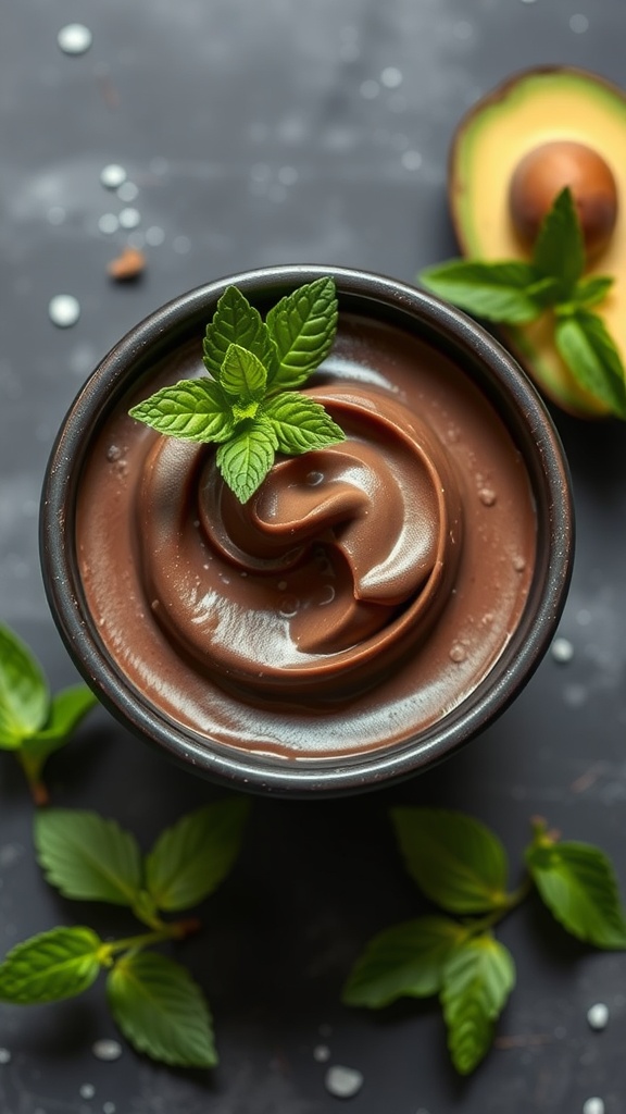 A bowl of chocolate avocado mousse garnished with mint leaves.