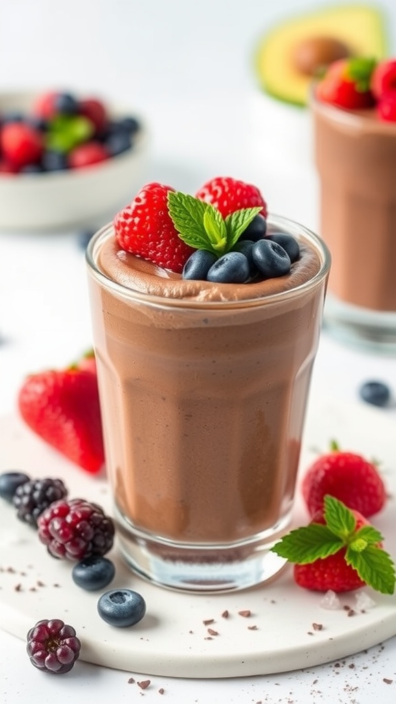 A delicious chocolate avocado mousse served in a glass, topped with fresh strawberries and blueberries.