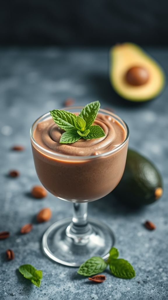 A glass of chocolate avocado mousse topped with mint leaves, next to an avocado.