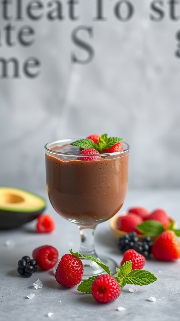 A delicious Chocolate Avocado Mousse served in a glass, garnished with fresh raspberries and mint leaves.