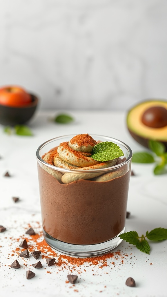 A creamy chocolate avocado mousse served in a glass, garnished with mint leaves and cocoa powder.
