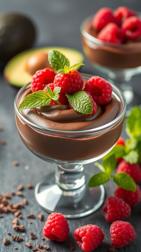 Chocolate Avocado Mousse served in a glass bowl, topped with fresh raspberries and mint leaves.