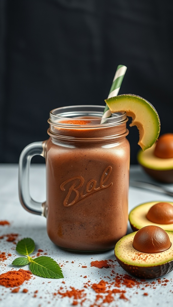 A creamy chocolate avocado protein shake in a glass with a green straw, garnished with avocado slices.