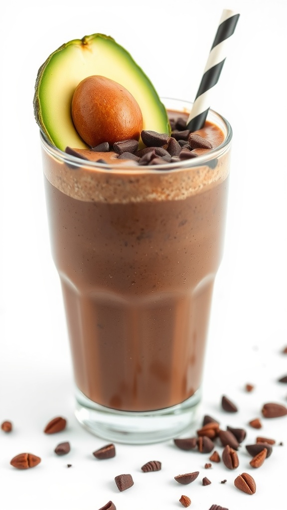 Glass of chocolate avocado protein smoothie topped with avocado slice and chocolate chips
