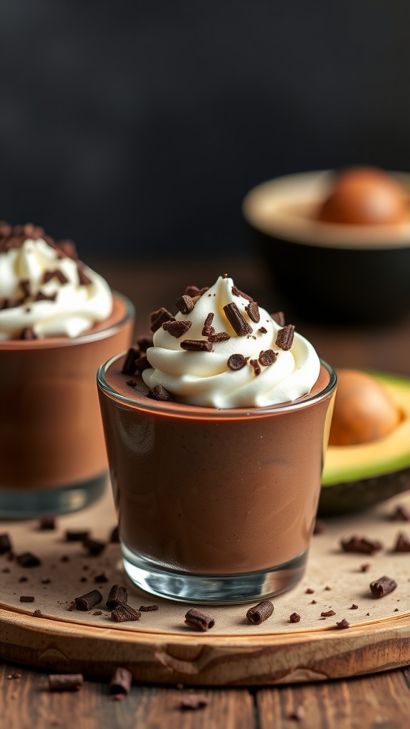 Chocolate avocado pudding cups topped with whipped cream and chocolate shavings.