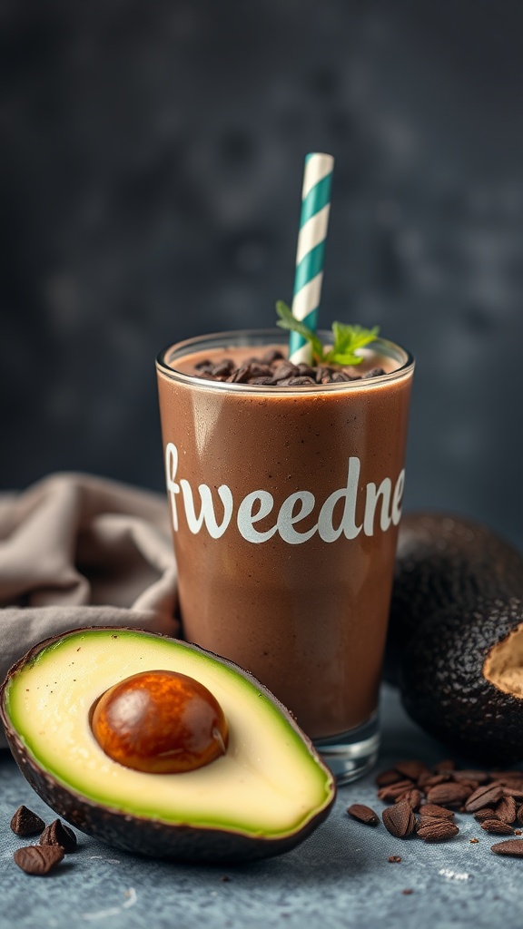 A glass of chocolate avocado smoothie topped with cocoa nibs and a green straw, with a half avocado beside it.