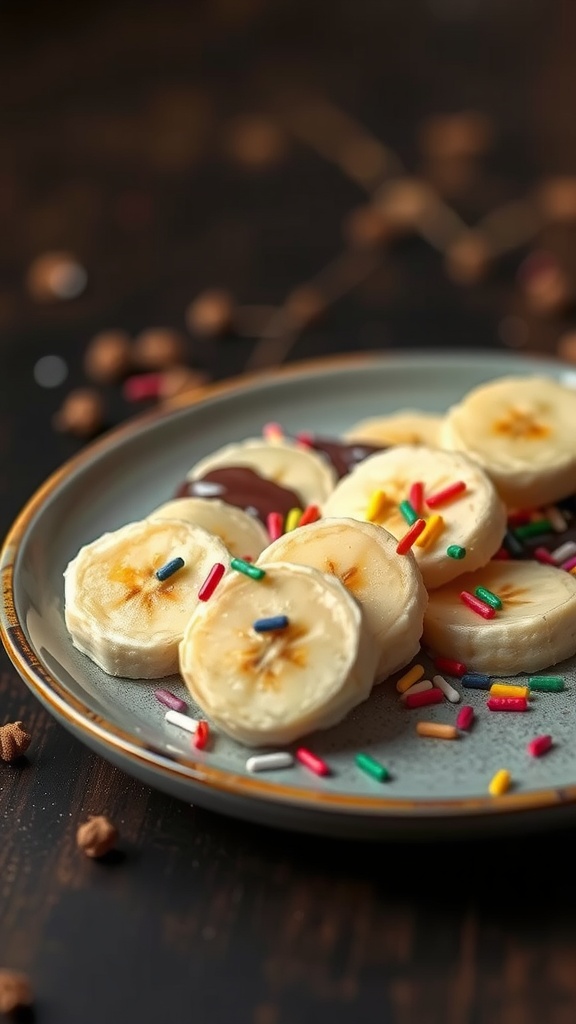 A plate of chocolate-covered banana slices with colorful sprinkles.
