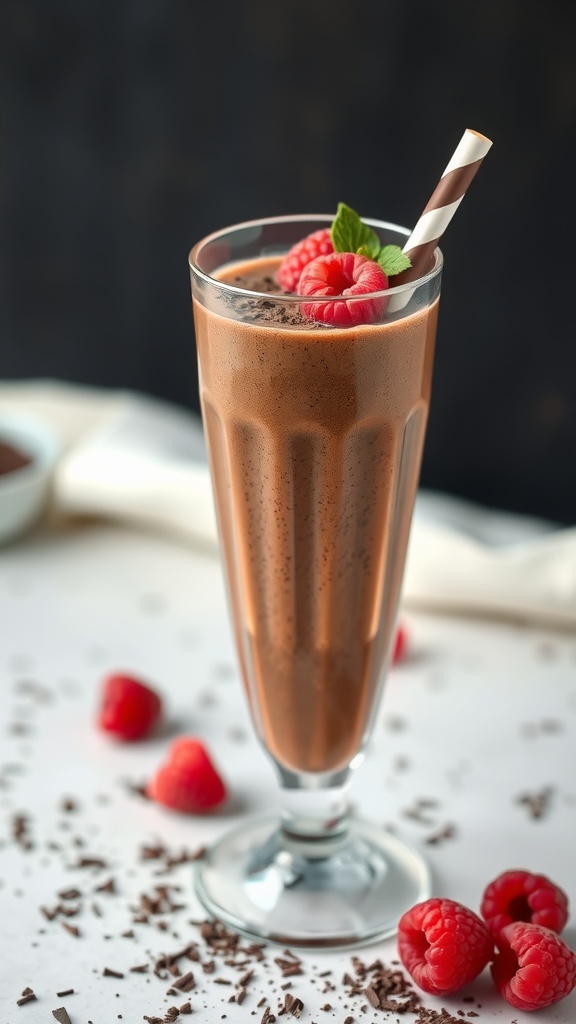 A tall glass of Chocolate Berry Delight smoothie garnished with raspberries