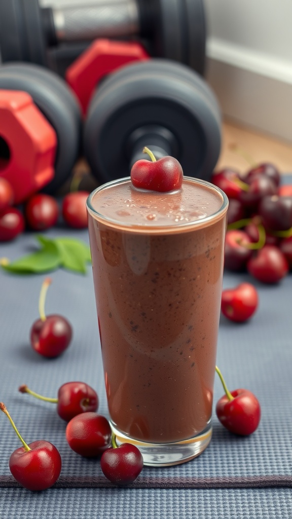 A glass of chocolate cherry smoothie with fresh cherries