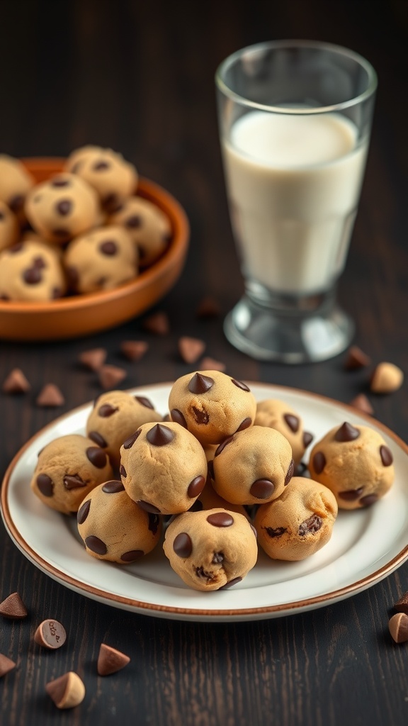 Plate of chocolate chip cookie dough bites with a glass of milk.
