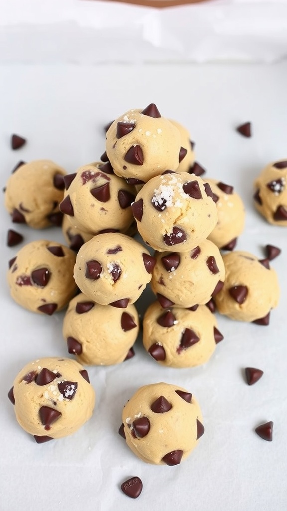 A pile of chocolate chip cookie dough bites, showcasing their sweet and tempting appearance.