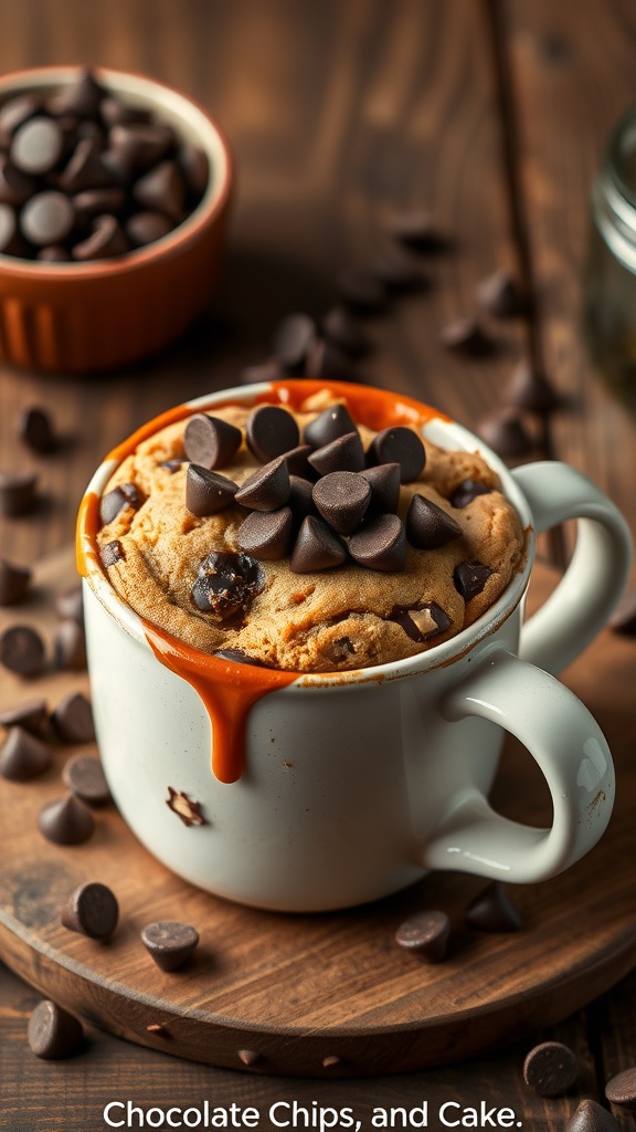 A delicious chocolate chip cookie mug cake topped with chocolate chips.