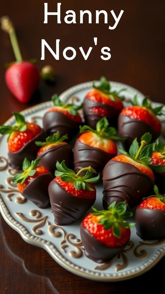 A plate of chocolate covered strawberries with a rich chocolate coating and vibrant green leaves.