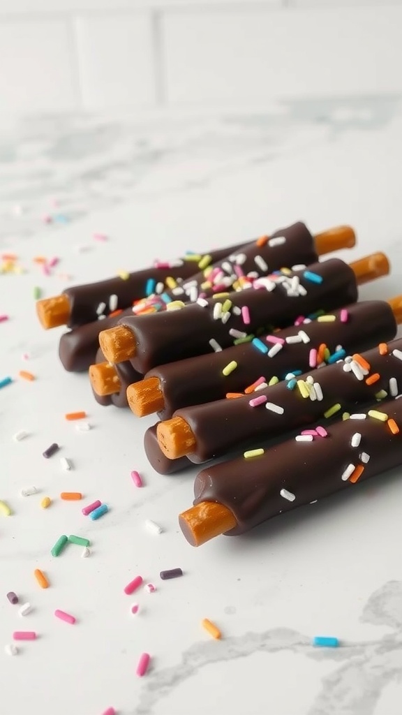 A delightful arrangement of chocolate dipped pretzels with colorful sprinkles.