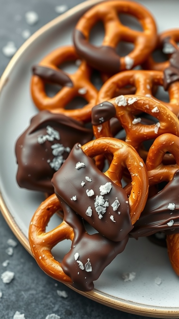 A close-up of chocolate dipped pretzels sprinkled with sea salt on a plate.