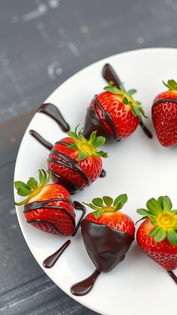 A plate of chocolate dipped strawberries with some drizzled chocolate.