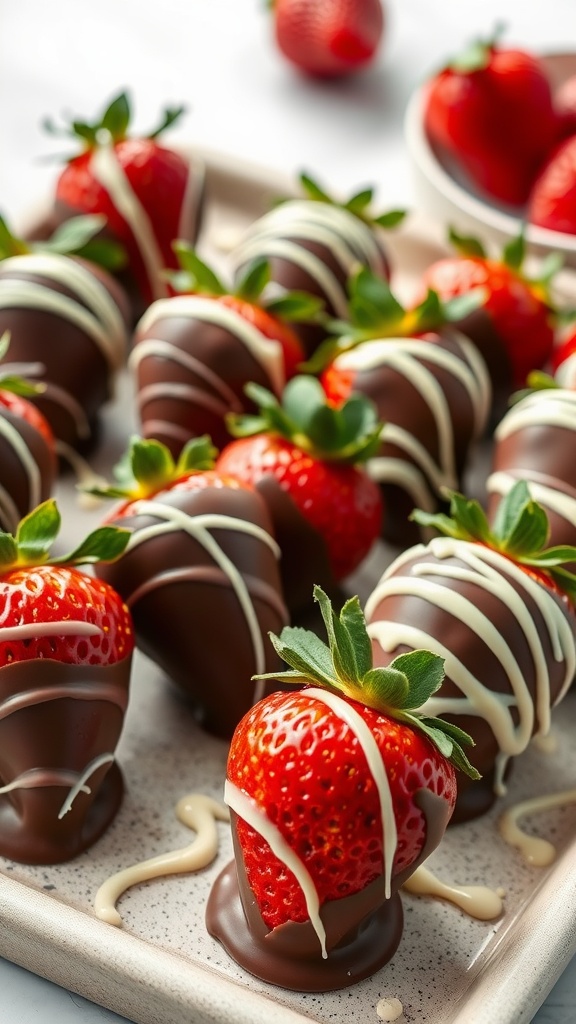 Chocolate dipped strawberries arranged beautifully on a tray.
