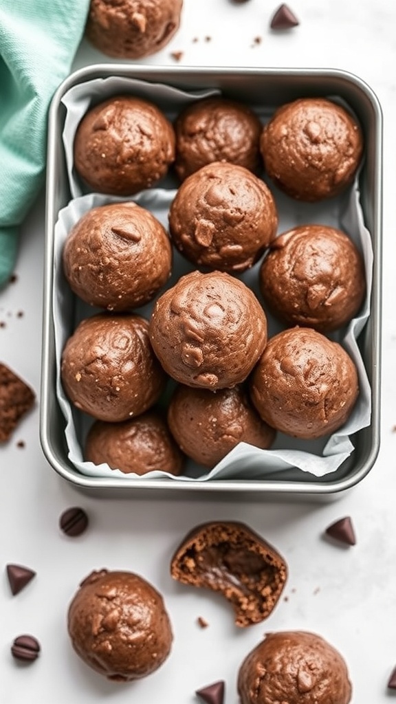 A bowl of chocolate energy bites topped with nuts.