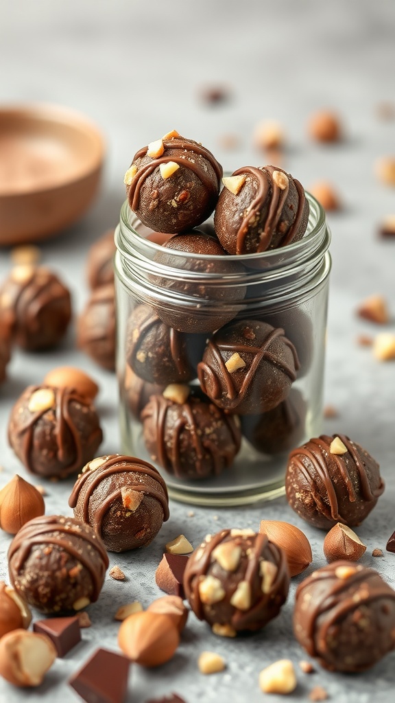 A jar filled with chocolate hazelnut energy bites, surrounded by hazelnuts and chocolate pieces.