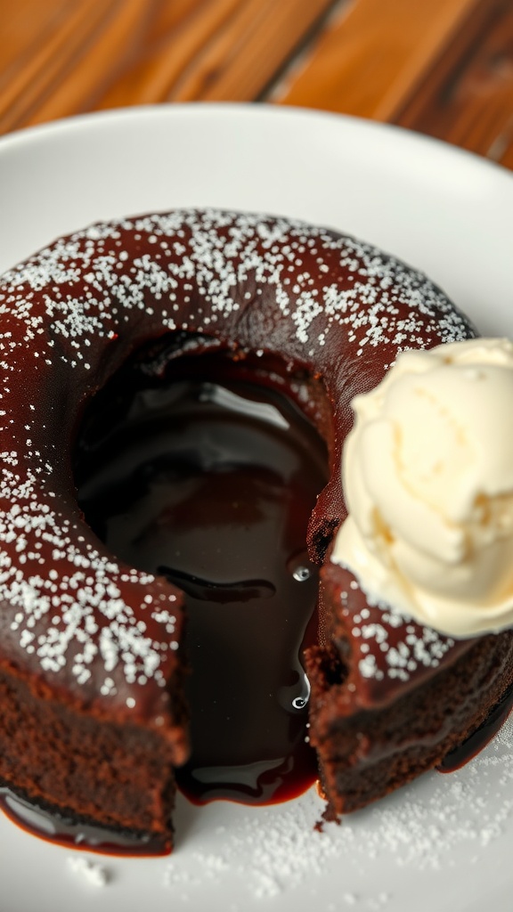 A delectable chocolate lava cake with a gooey center and a scoop of ice cream.