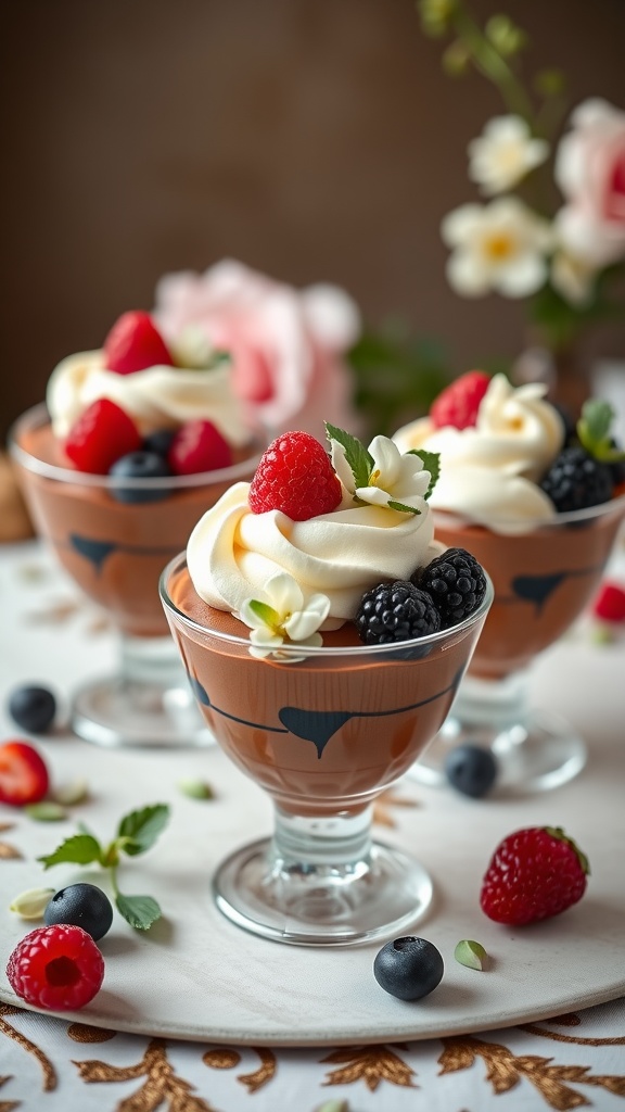 Delicious chocolate mousse cups topped with whipped cream and fresh berries.