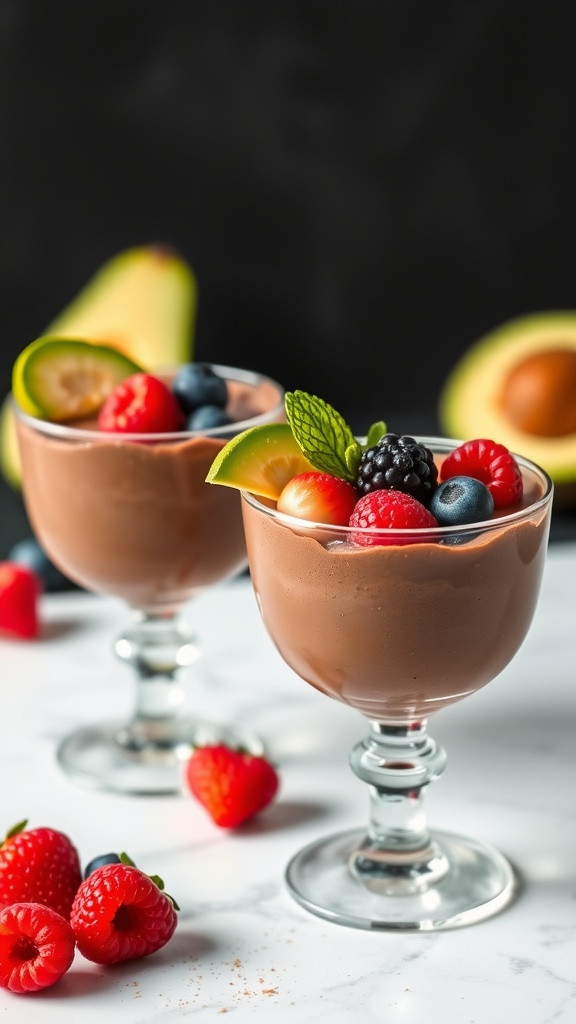 Chocolate mousse served in elegant cups, garnished with fresh fruit.