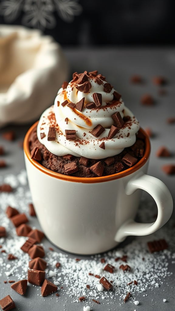 A chocolate mug cake topped with whipped cream and chocolate chips in a white mug.