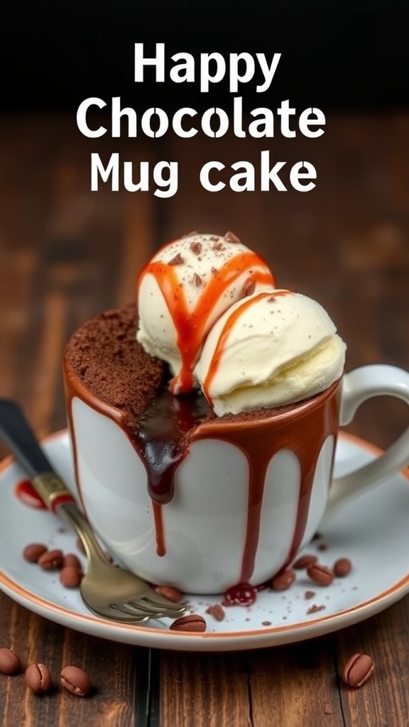Chocolate mug cake with ice cream and caramel drizzle