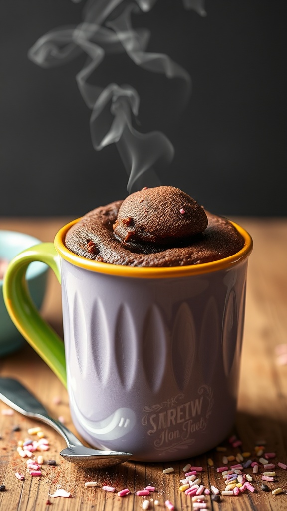 A mug filled with steaming chocolate cake topped with sprinkles.
