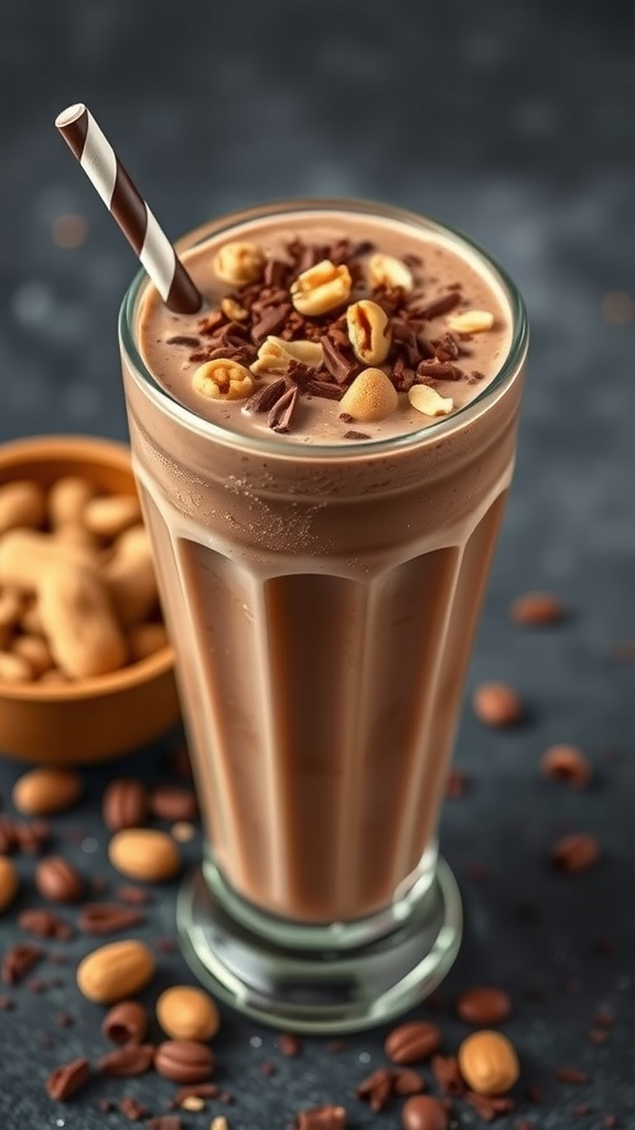 A delicious chocolate peanut butter smoothie topped with nuts and chocolate shavings in a glass.