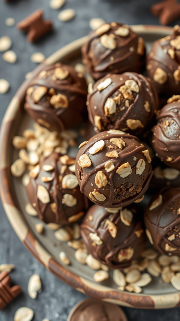 Plate of chocolate peanut butter energy bites garnished with oats.