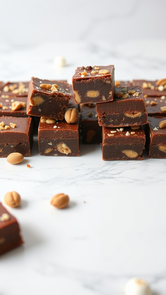 Delicious chocolate peanut butter fudge squares topped with nuts