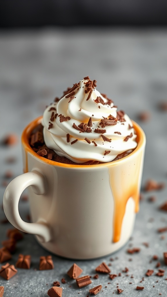 A delicious chocolate peanut butter mug cake topped with whipped cream and chocolate shavings.