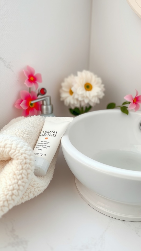 A creamy cleanser tube placed beside a wash basin with flowers and a towel.