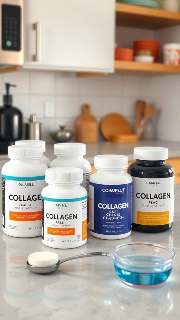 Various collagen supplements on a kitchen counter with a spoon and blue liquid.