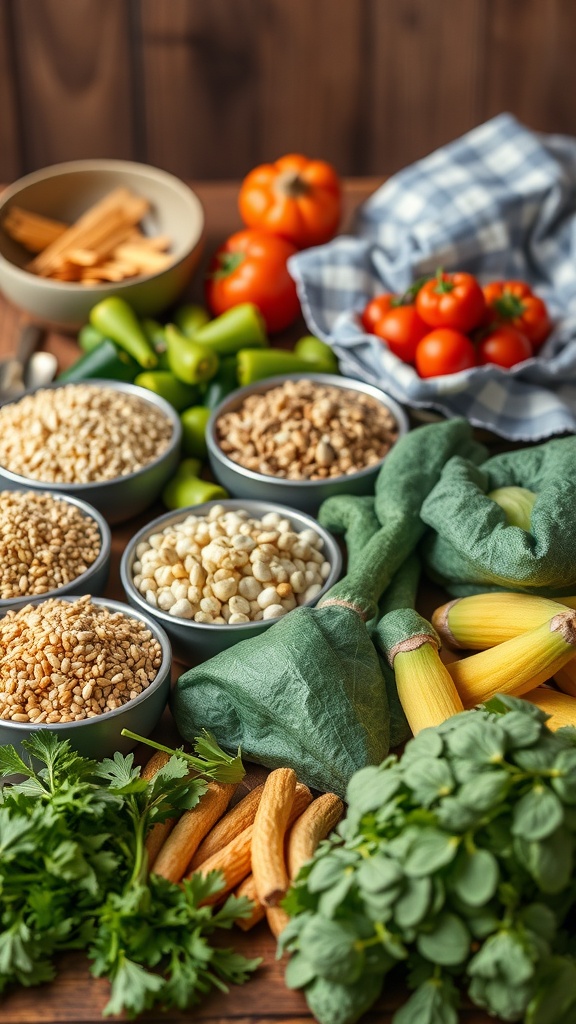 A variety of fresh vegetables, grains, and herbs arranged on a wooden table, showcasing cost-effective ingredients for meal prep.