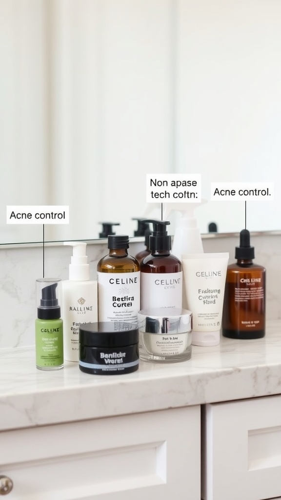 A variety of skincare products on a countertop, labeled for acne control and non-comedogenic use.