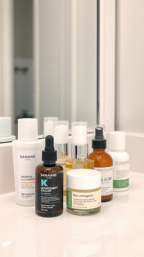 A collection of skincare products including bottles and jars, with one labeled 'Non-comedogenic'.
