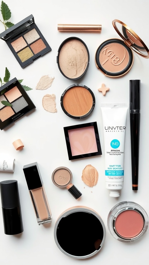 A variety of non-irritating makeup products arranged on a flat surface, including foundation, blush, and eyeshadow.