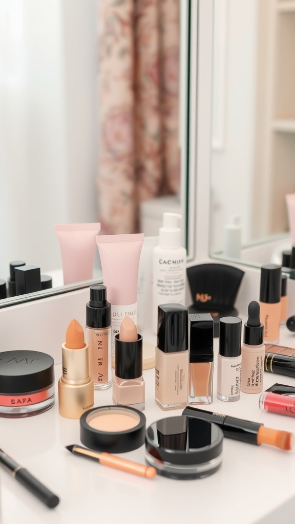A variety of oil-free makeup products displayed on a mirror surface, including foundations, lipsticks, and skincare items.