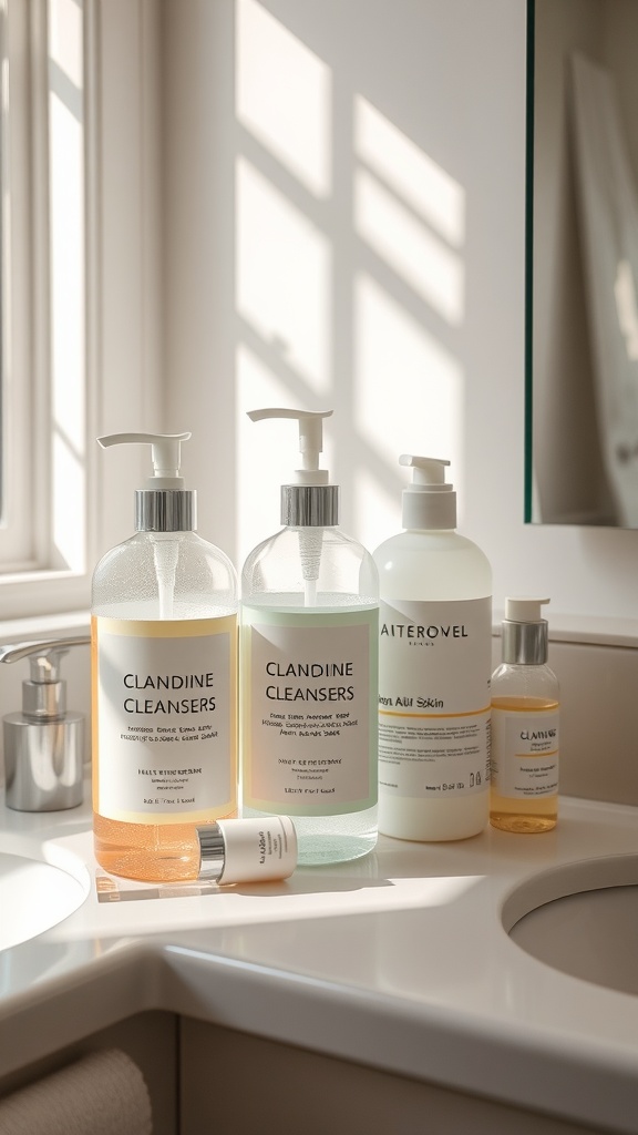 A variety of skincare cleansers on a countertop, showcasing labels that suggest they are suited for oily skin.