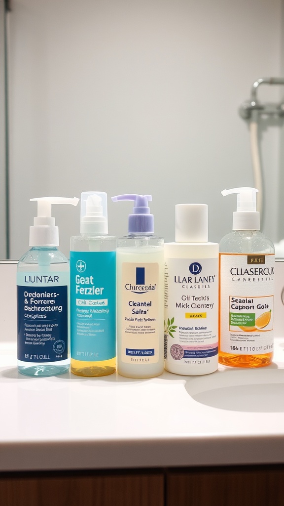 A selection of skincare cleansers displayed on a bathroom countertop.
