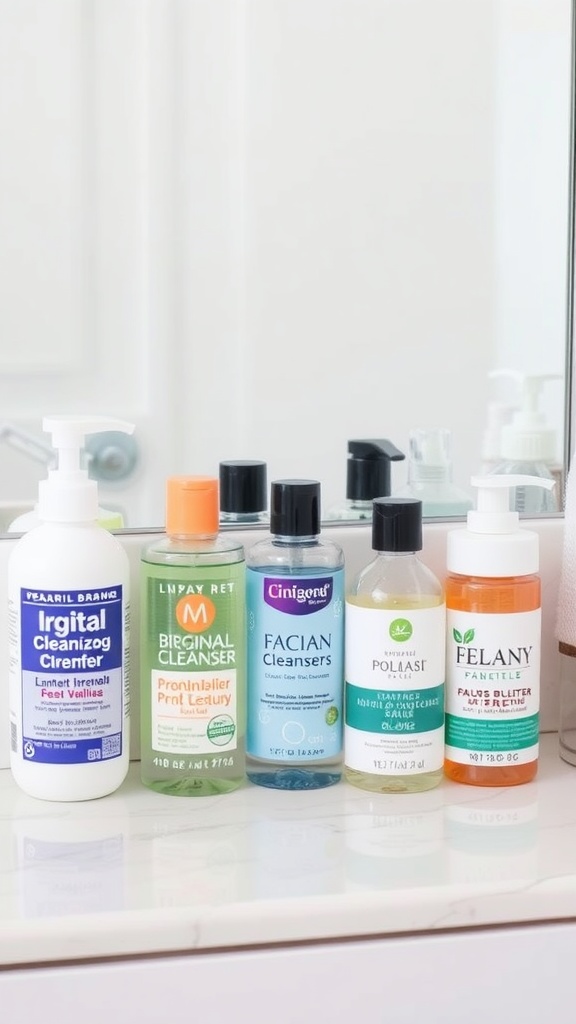 A variety of skincare cleansers lined up on a bathroom counter, showcasing different brands and types.