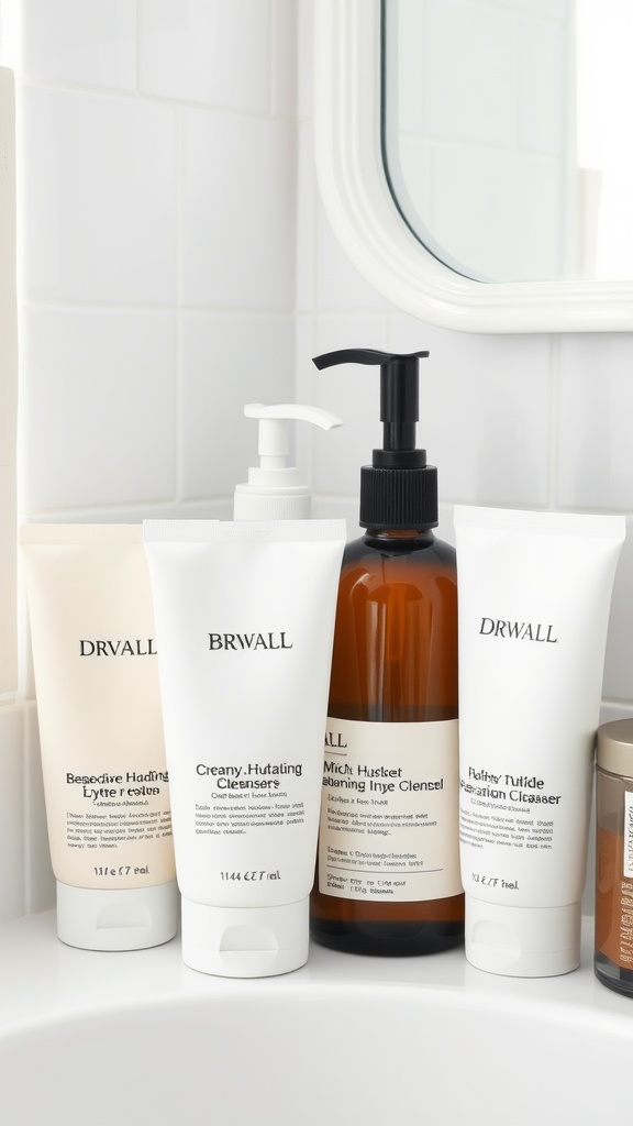 A selection of skincare cleansers on a bathroom counter, including hydrating and creamy options.