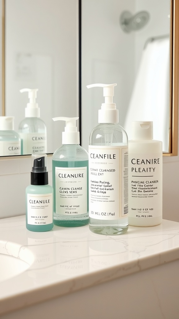A selection of skincare cleansers displayed on a bathroom counter.