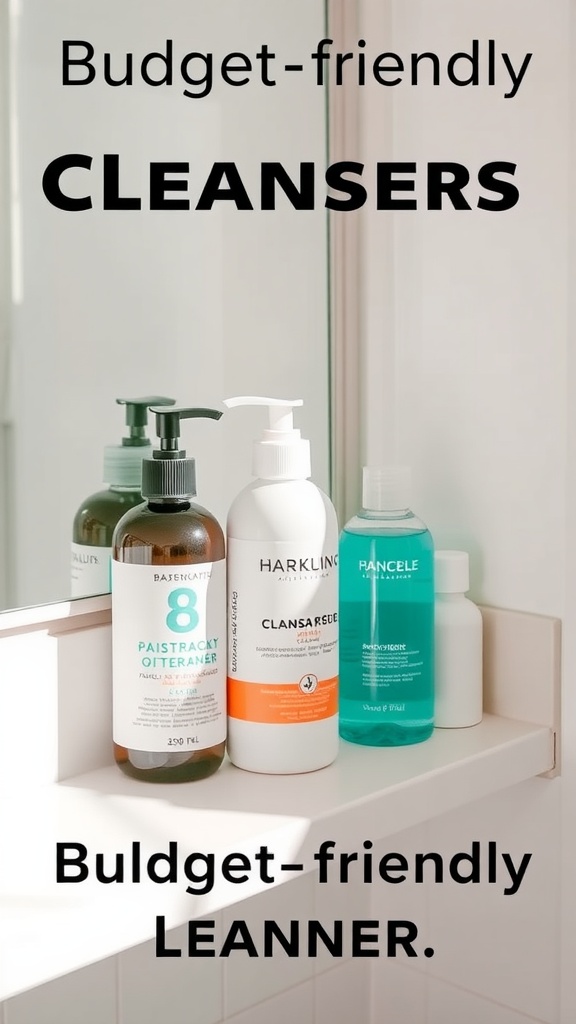 Variety of budget-friendly cleansers for oily skin displayed on a bathroom shelf.