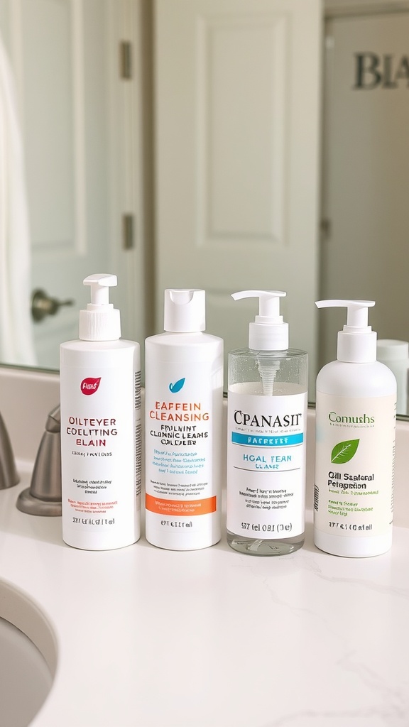Various skincare cleansers displayed on a bathroom countertop.
