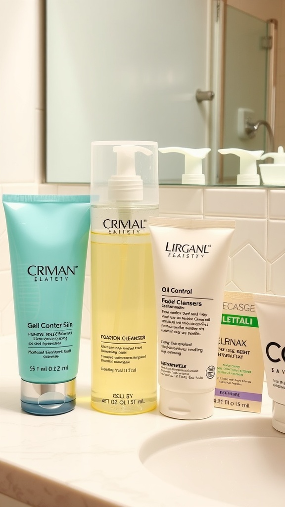 A variety of skincare cleansers for oily skin displayed on a bathroom counter, including gel and foaming cleansers.