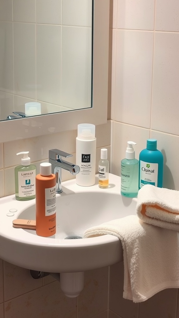 A clean bathroom sink with various skincare products arranged neatly, including cleansers, toners, and a towel.
